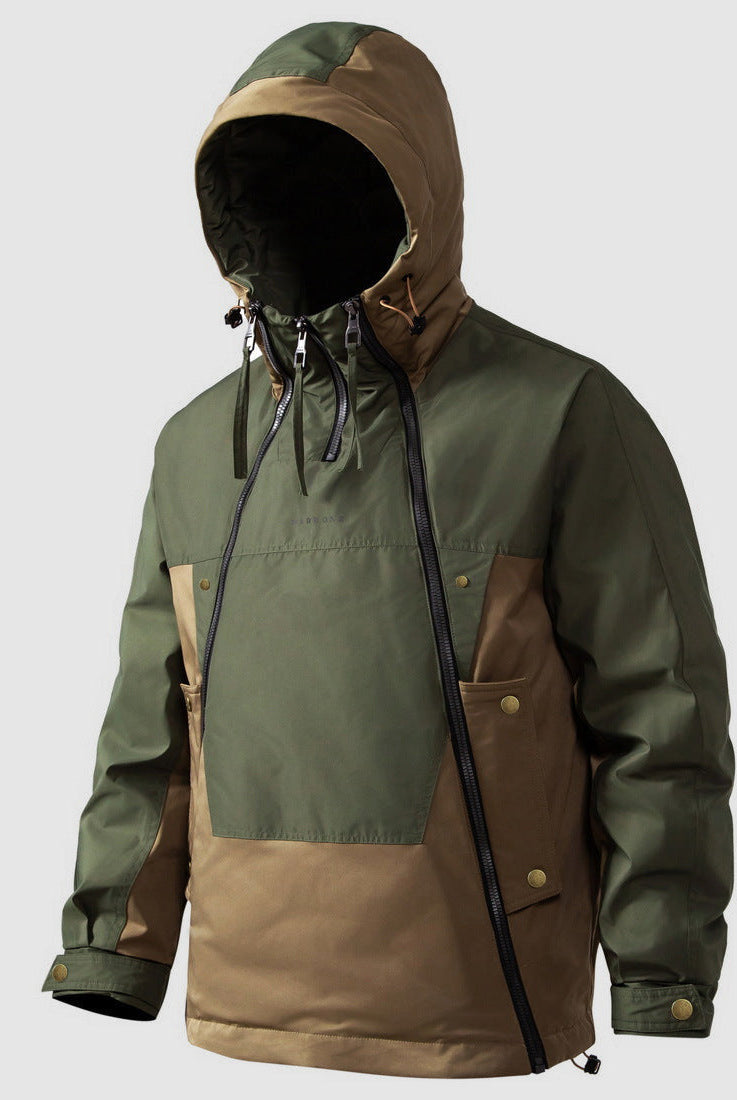 Green and tan color-block hooded anorak jacket worn by man, front view | Chaps London