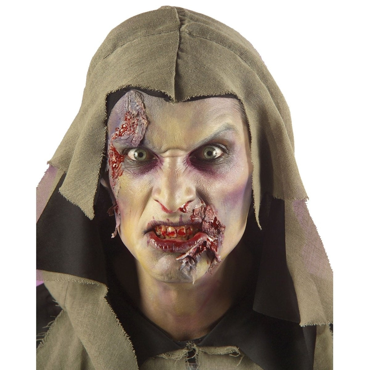 Zombie costume makeup with hooded tan robe, worn by model | Chaps London