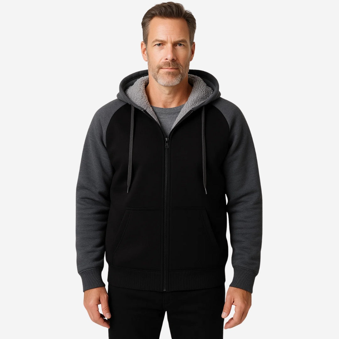Man wearing black sherpa-lined zip hoodie with gray contrast sleeves and hood | Chaps London
