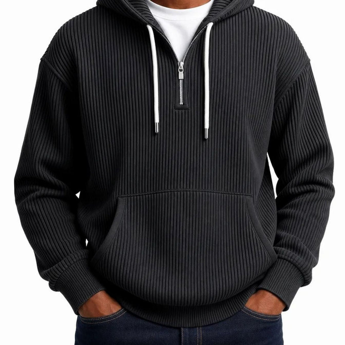 Black ribbed half-zip hoodie with white drawcords, worn by a man | Chaps London