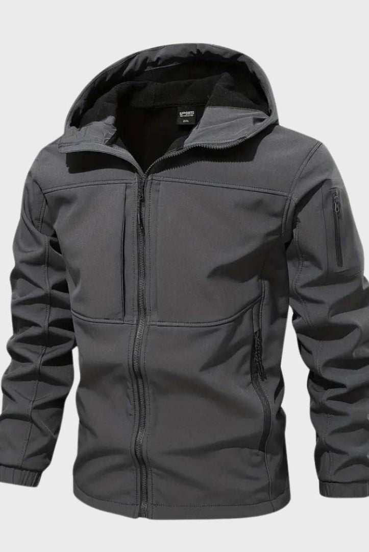 Gray hooded softshell jacket with zip pockets, displayed flat, front view | Chaps London