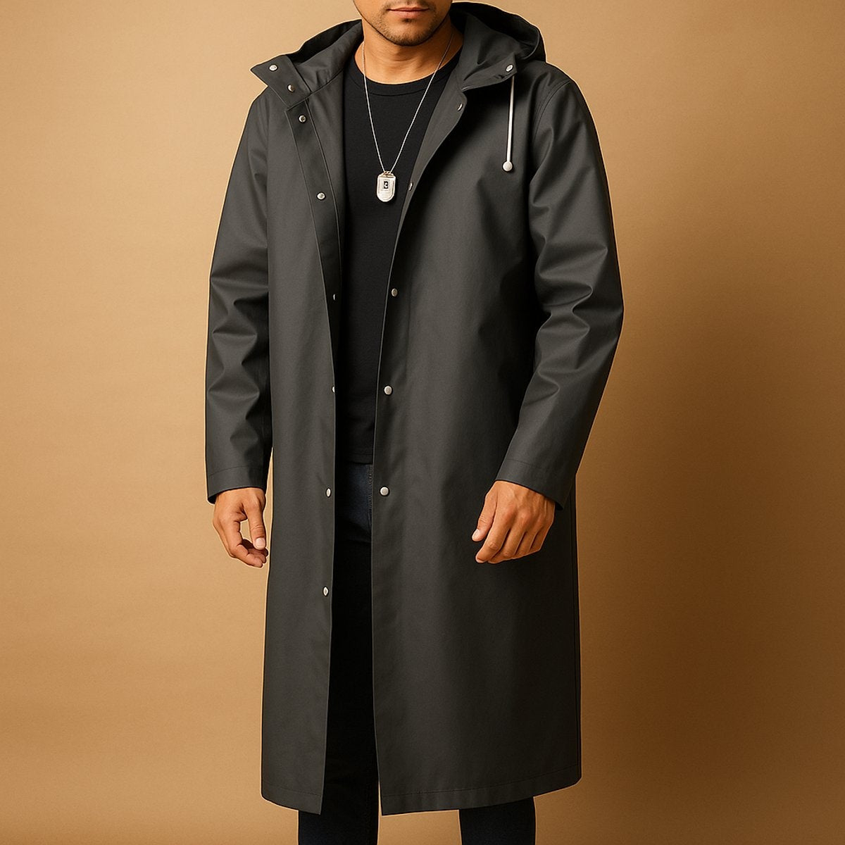 Man wearing dark gray long hooded raincoat with snap front, worn open | Chaps London