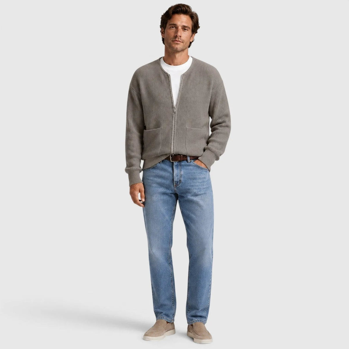 Man wearing grey ribbed zip cardigan with blue jeans and white t-shirt | Chaps London