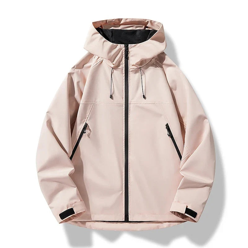 Pink zip-up hooded jacket with drawstring hood, flat lay, front view | Chaps London