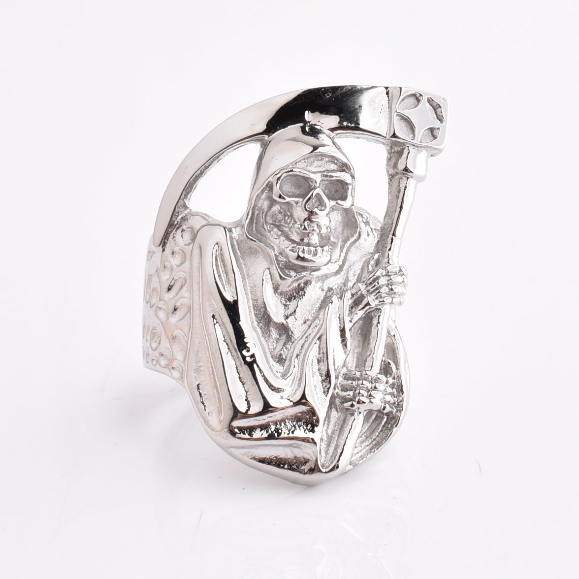 Silver-tone ring featuring seated Grim Reaper design holding scythe, shown flat | Chaps London