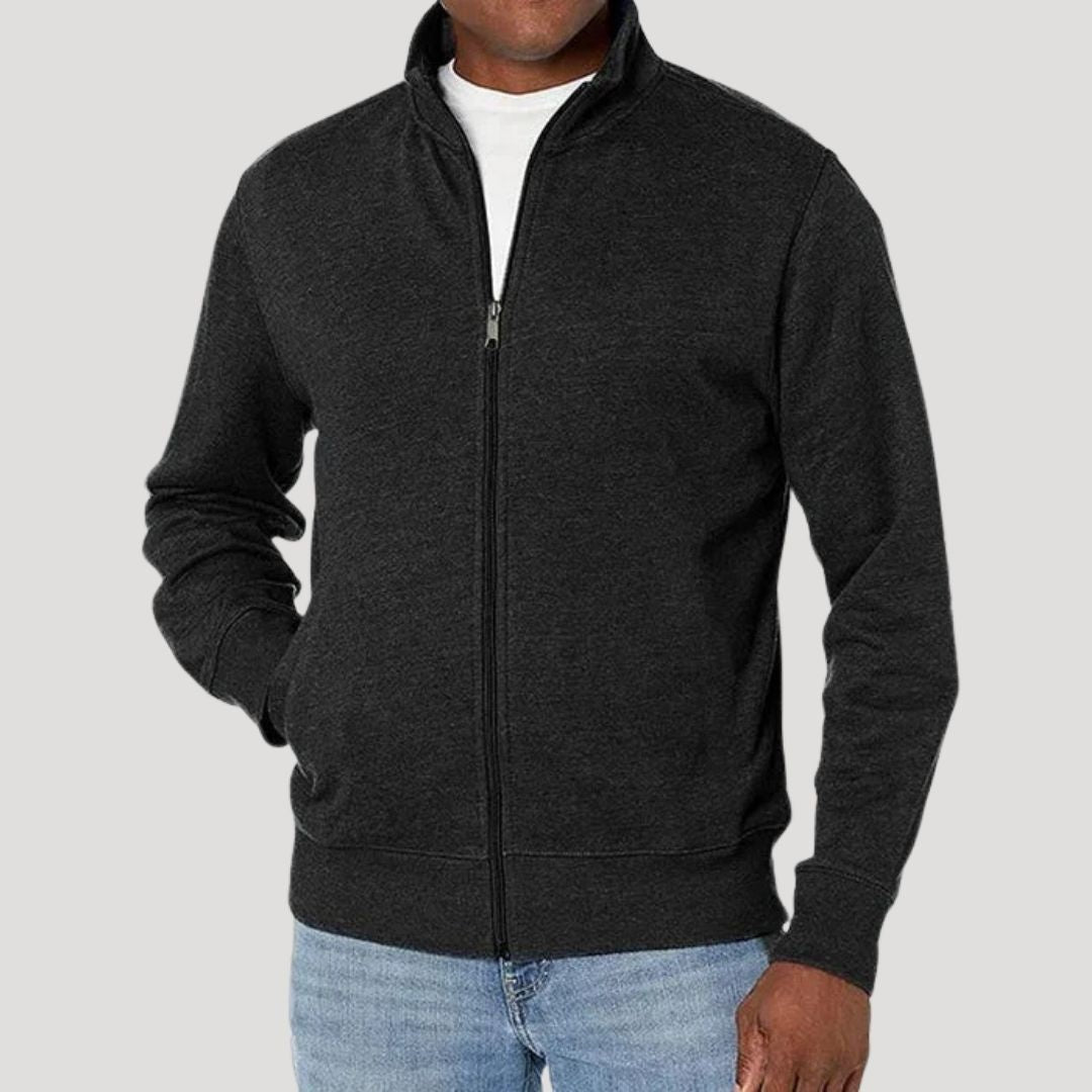 Dark heather gray full-zip jacket worn by man with jeans | Chaps London