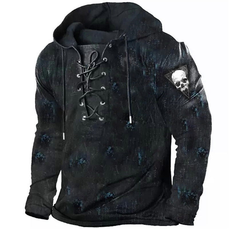 Black lace-up hoodie with faded skull print, shown flat on mannequin | Chaps London