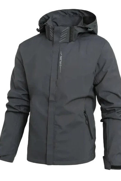 Gray waterproof hooded jacket with zip pockets, shown on mannequin torso | Chaps London