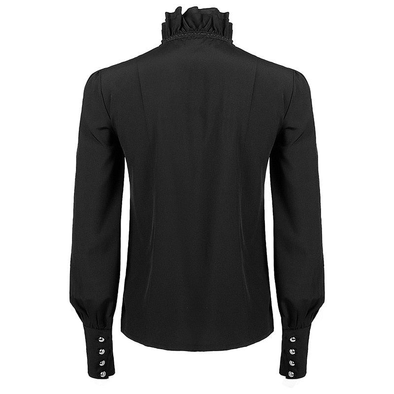 Black long-sleeve shirt back view with ruffled collar and button cuffs | Chaps London