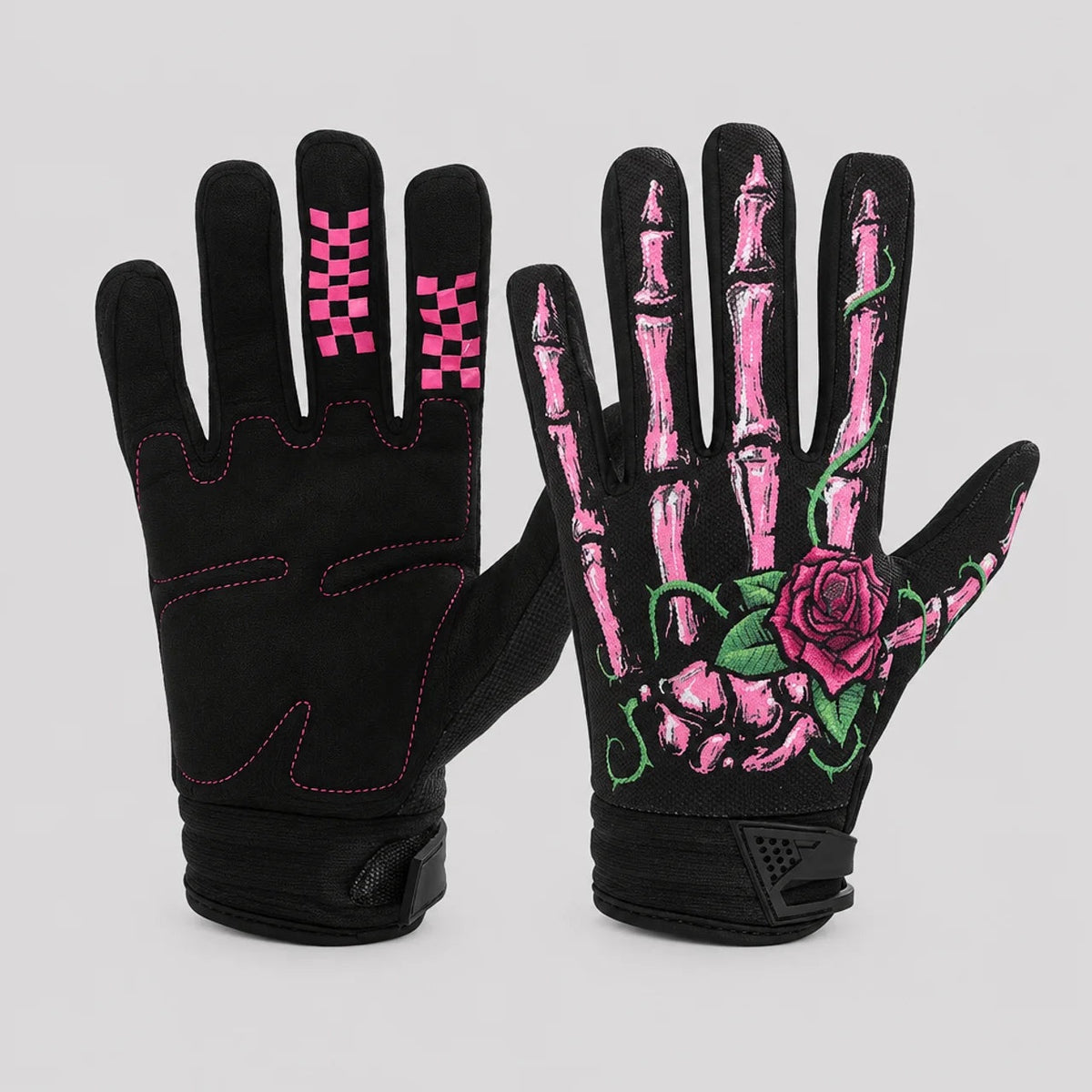 Black gloves with pink checkered fingers and skeleton hand rose design | Chaps London