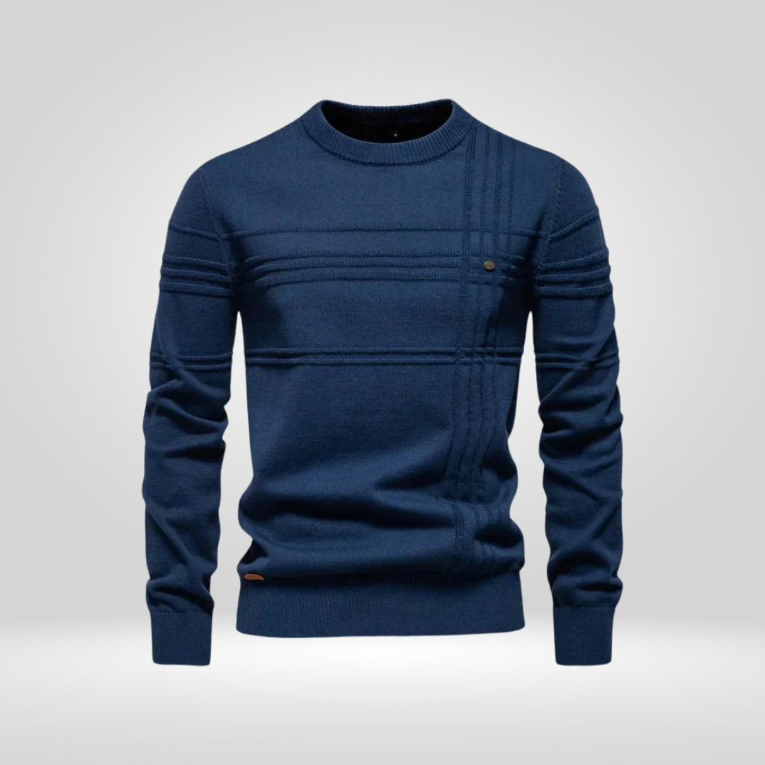 Navy blue knitted sweater with raised rib stripes, crew neck, shown flat | Chaps London