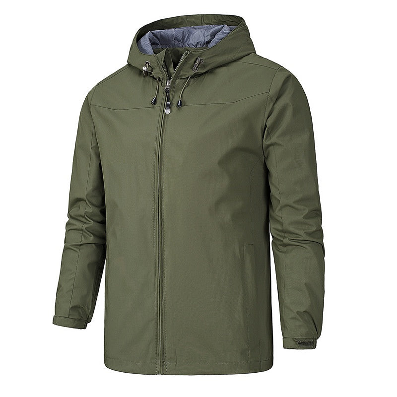 Olive green hooded zip-up jacket worn by a man, front view | Chaps London