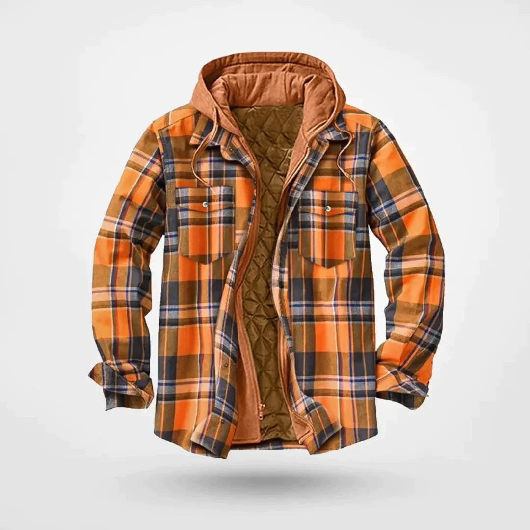 Orange plaid hooded shirt jacket with quilted lining, shown unzipped flat | Chaps London