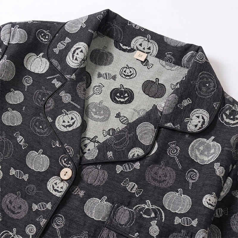 Black pajama collar with gray pumpkin and candy print pattern | Chaps London