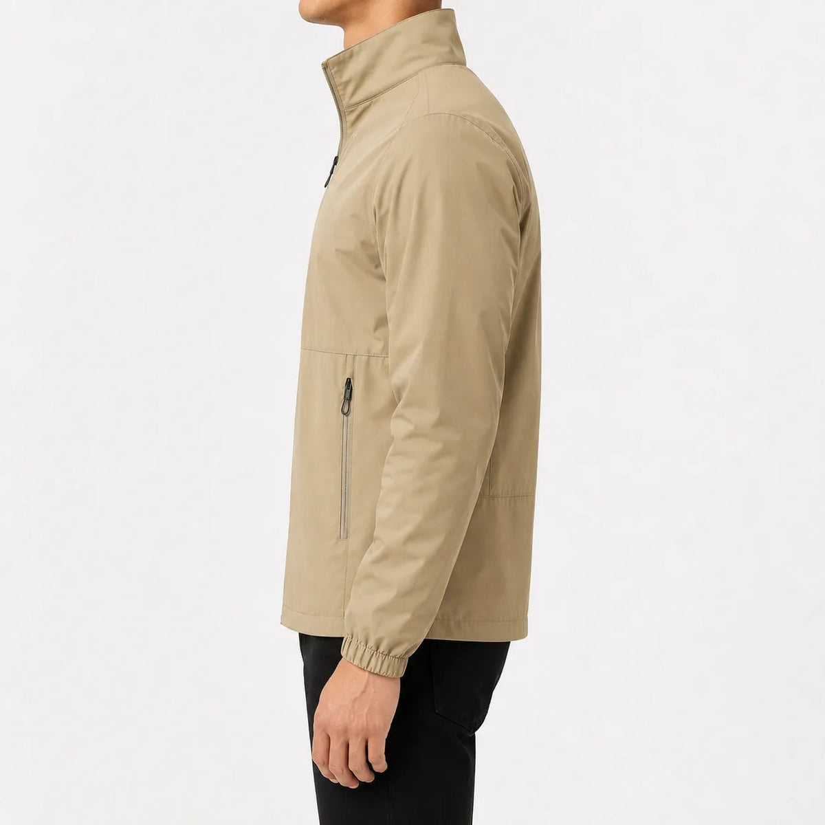 Man wearing beige zip-front rain jacket with high collar, side view | Chaps London