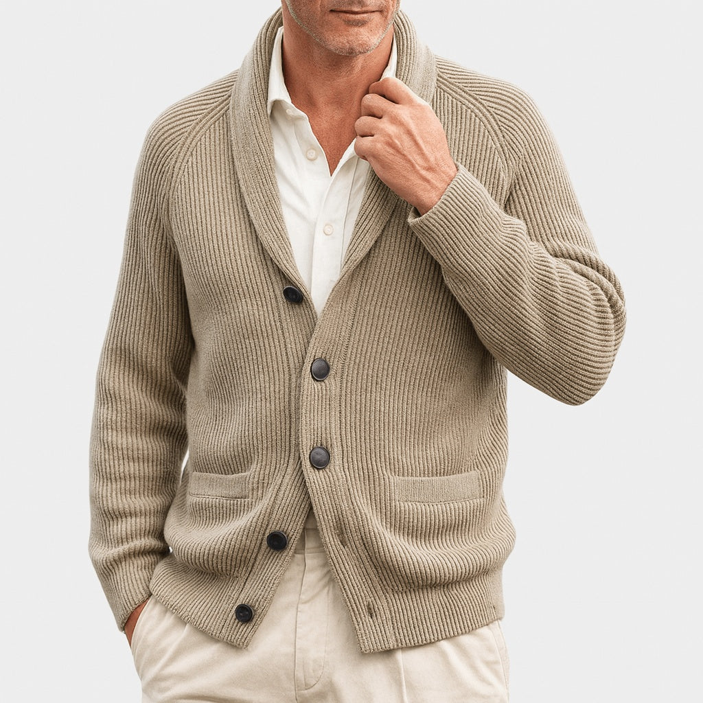 Beige ribbed shawl collar cardigan with buttons, worn by man with shirt | Chaps London
