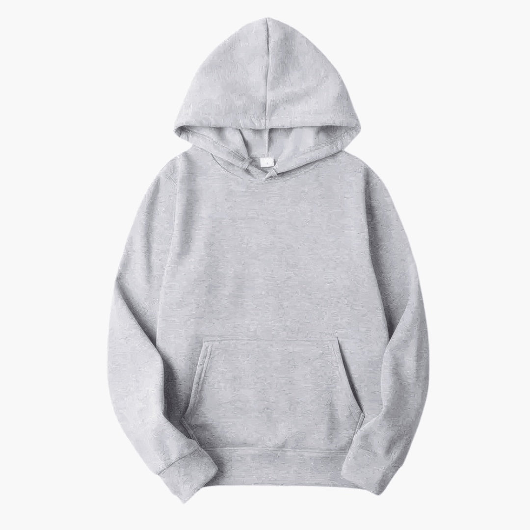 Gray fleece pullover hoodie with kangaroo pocket, shown flat on background | Chaps London