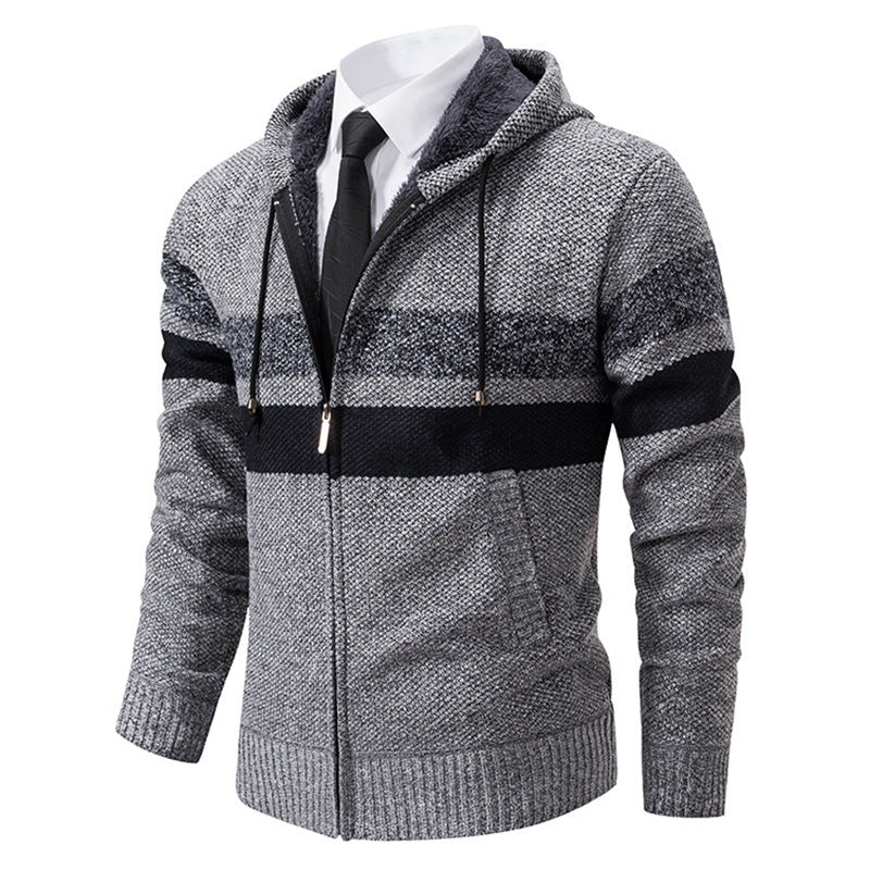 Gray knitted zip hoodie with black stripe detail, shown on mannequin | Chaps London