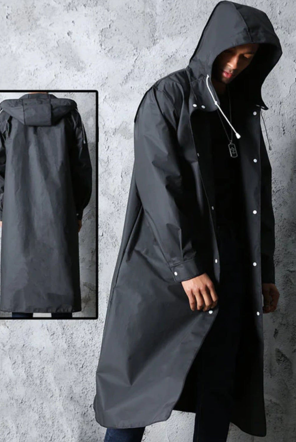Man wearing long dark grey hooded raincoat, with flat lay inset | Chaps London