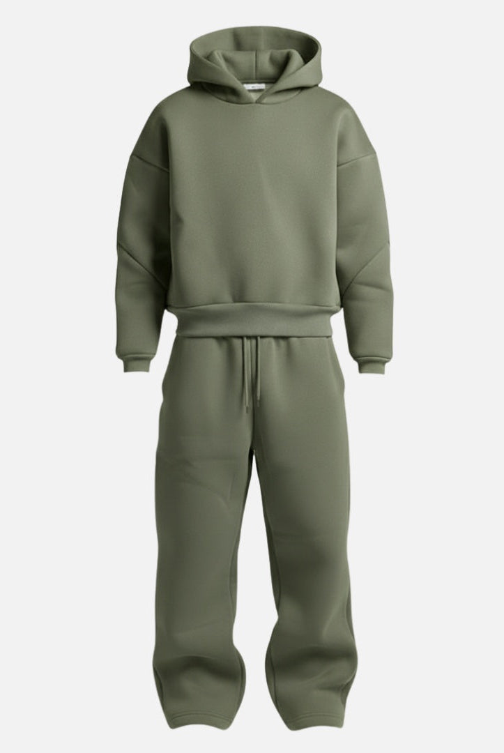 Olive green oversized hoodie and wide leg jogger tracksuit, front view | Chaps London