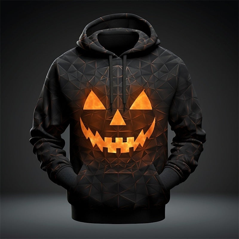 Black hoodie with glowing geometric pumpkin face design, worn by a person | Chaps London