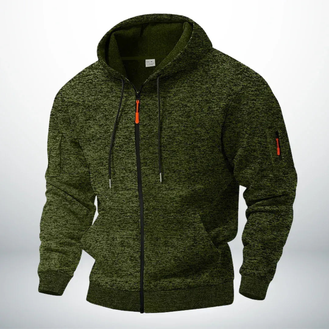 Green marl knit zip hoodie with sleeve pocket, shown on mannequin | Chaps London