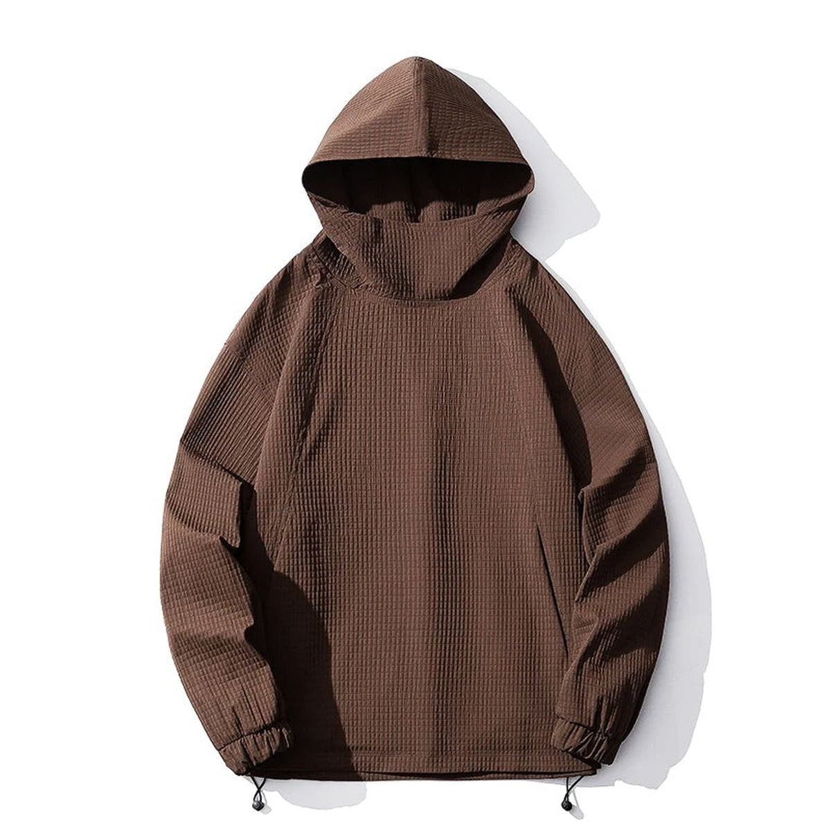 Brown waffle-texture hoodie with funnel neck, drawcord hem, shown flat | Chaps London