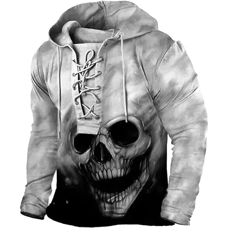 Gray skull print hoodie with lace-up neck, worn by person, back view | Chaps London