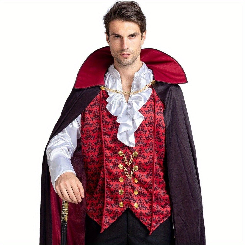 Man wearing red brocade vampire vest, ruffled shirt, and black red cape | Chaps London
