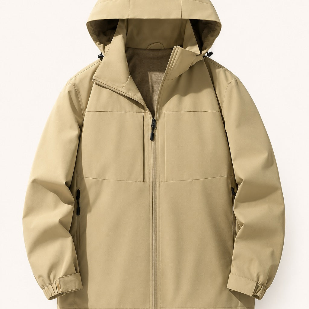 Khaki hooded zip-up jacket with drawstring hood, laid flat, front view | Chaps London