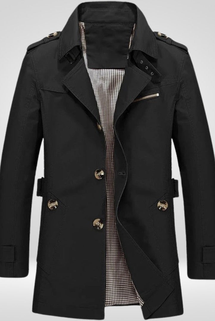 Black double-breasted trench coat with plaid lining, shown on mannequin | Chaps London
