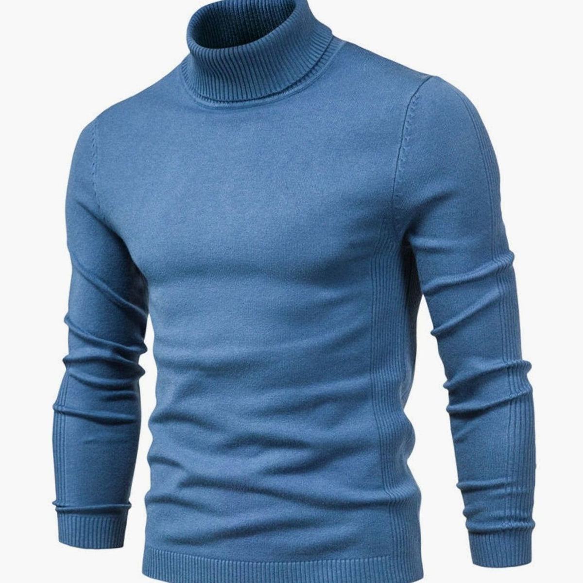 Man wearing slim fit blue knit turtleneck sweater, long sleeves | Chaps London