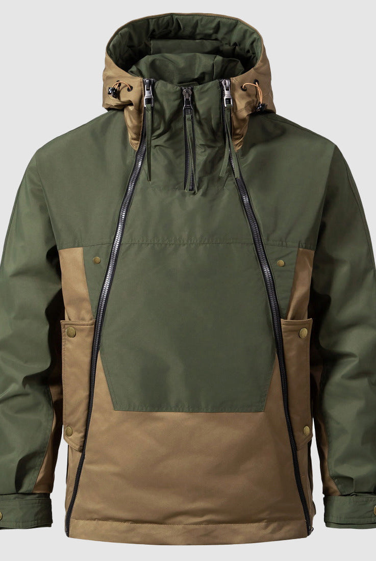 Green and tan colour block hooded anorak jacket, front view, flat lay | Chaps London