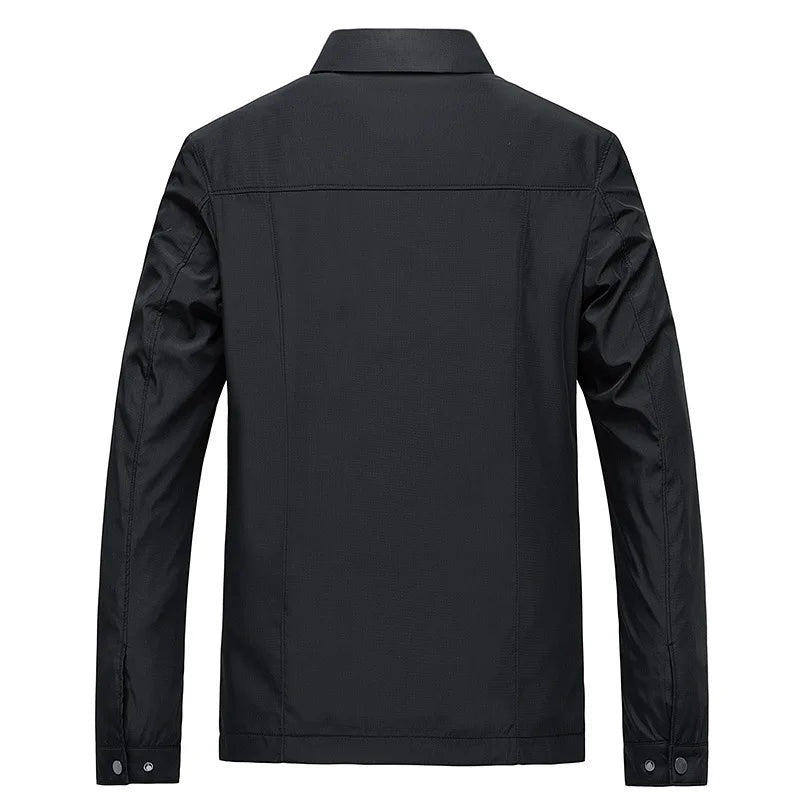 Black shirt-collar jacket, rear view, worn by person, plain fabric | Chaps London