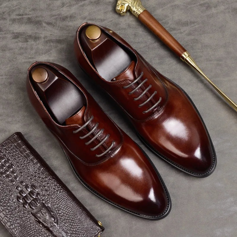 Brown lace-up oxford dress shoes with shoe trees, glossy finish, displayed together | Chaps London
