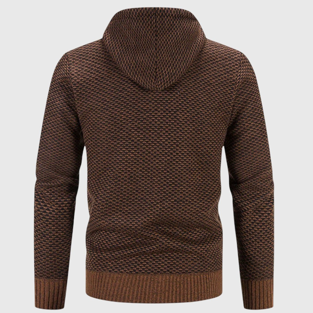 Brown textured knit zip-up hoodie worn by person, back view shown | Chaps London
