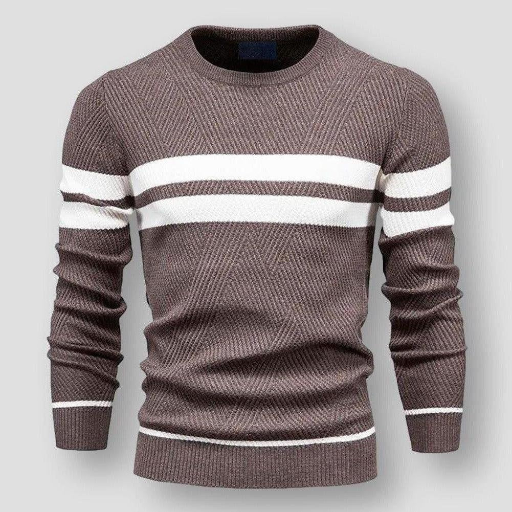 Brown knitted crew neck jumper with white block stripes, worn by person | Chaps London