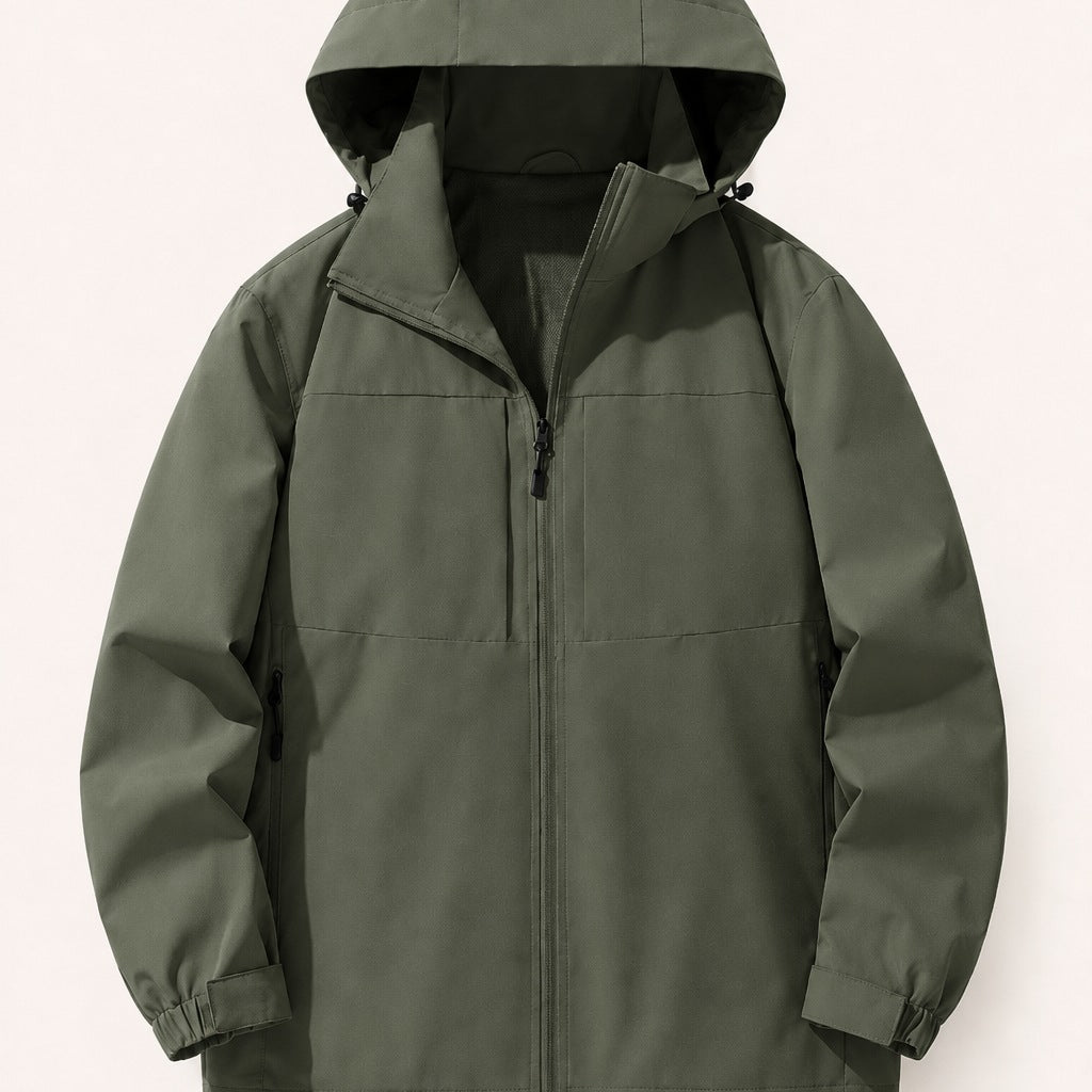 Olive green hooded zip-up jacket displayed flat with sleeves folded | Chaps London
