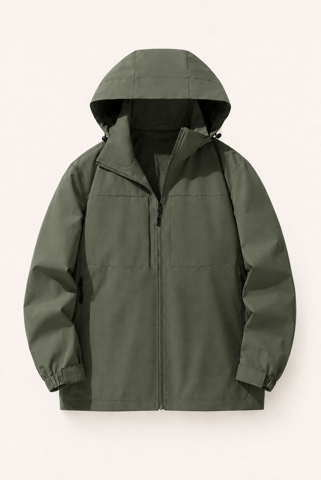 Olive green hooded zip-up jacket displayed flat with sleeves folded | Chaps London