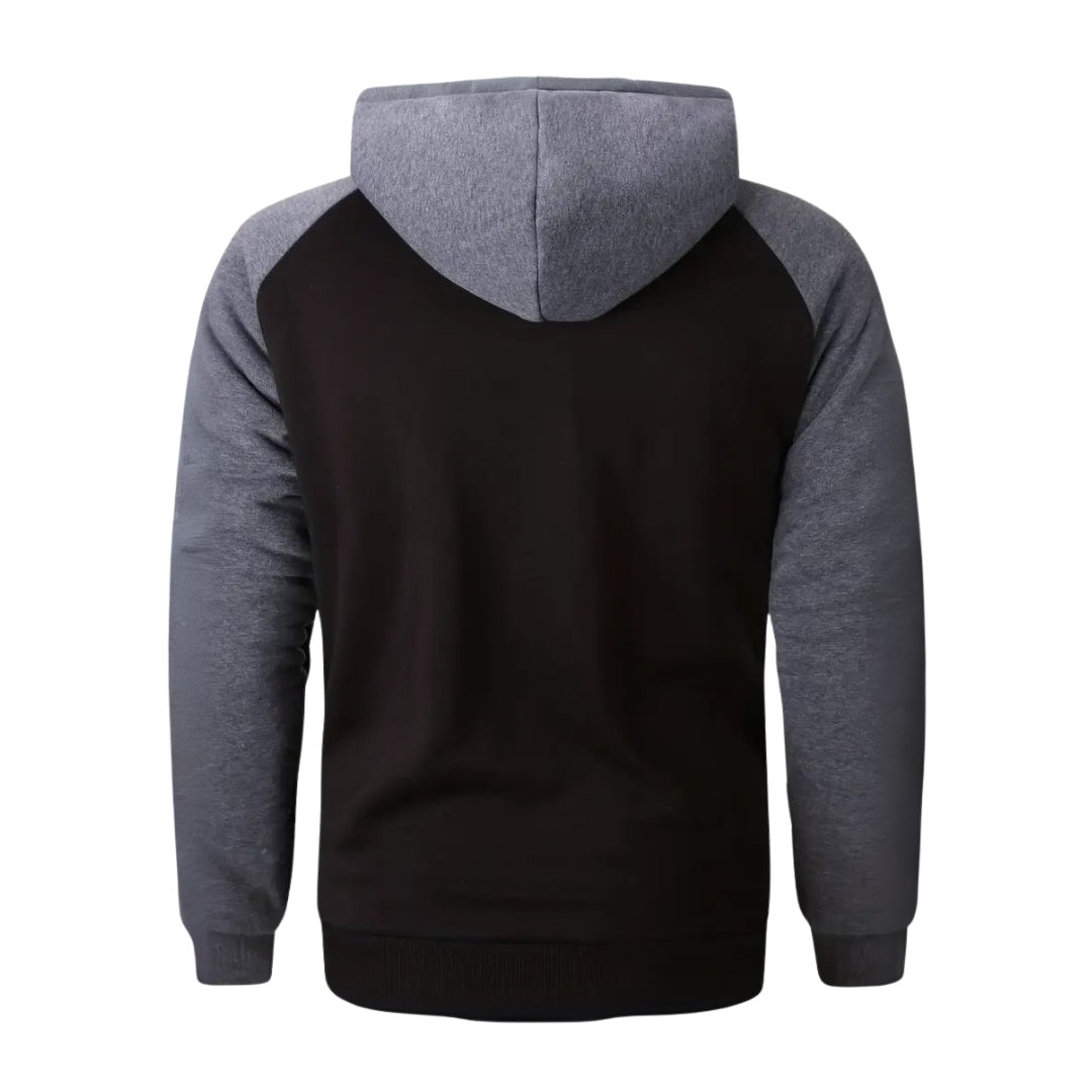Black hoodie with gray contrast sleeves and hood, worn by person, back view | Chaps London