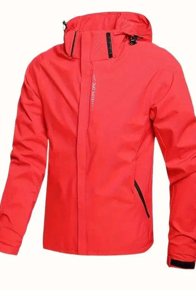 Red hooded waterproof jacket with zip pockets, shown flat, front view | Chaps London