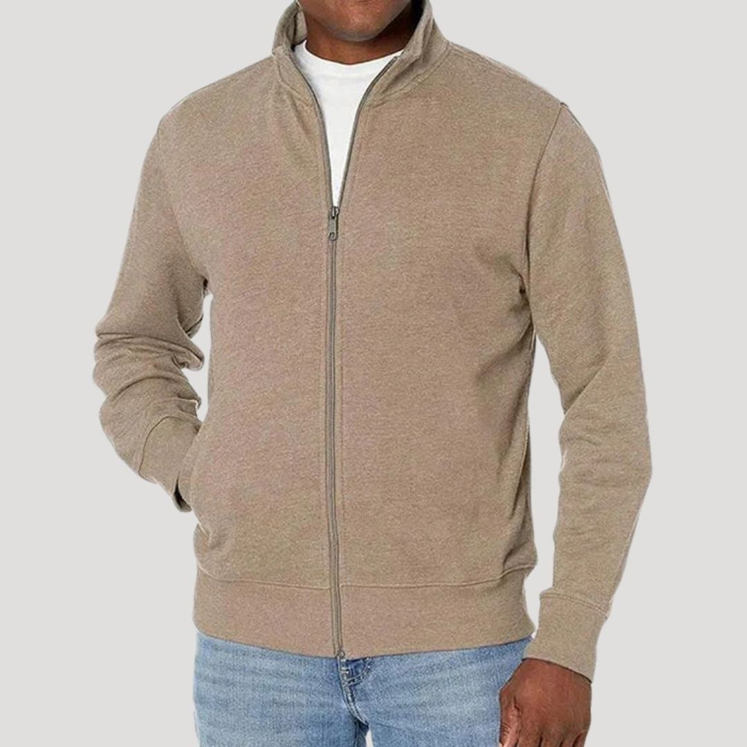 Man wearing heather taupe full-zip fleece jacket with white shirt underneath | Chaps London