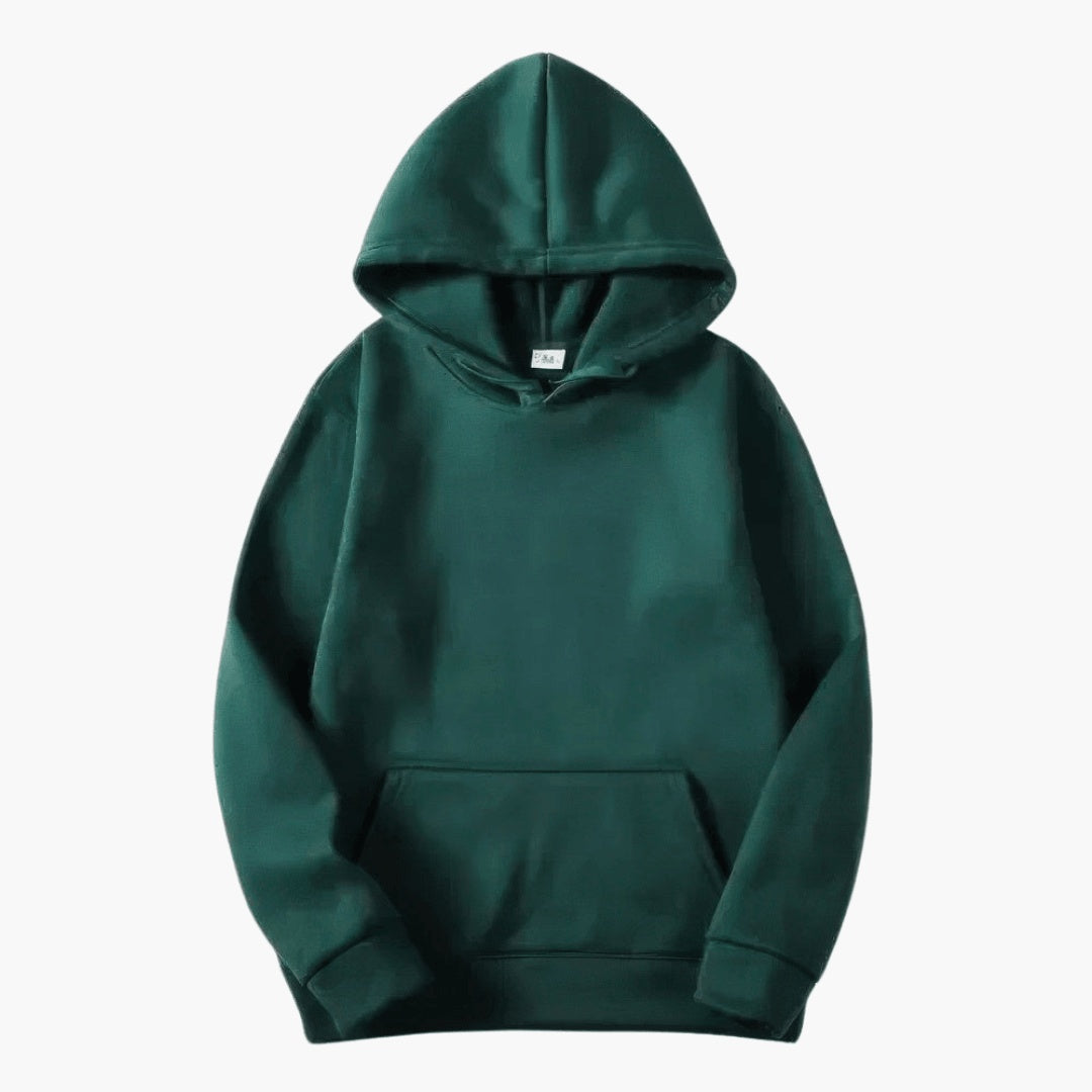 Dark green pullover hoodie with kangaroo pocket, shown flat on background | Chaps London