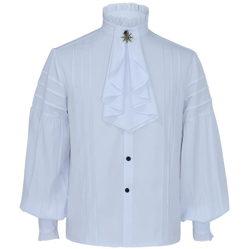 White ruffled Victorian shirt with high collar, worn by mannequin, jabot front | Chaps London