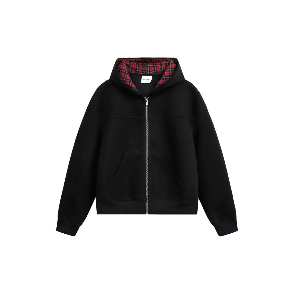 Black zip-up hoodie with red plaid lined hood, flat lay view | Chaps London