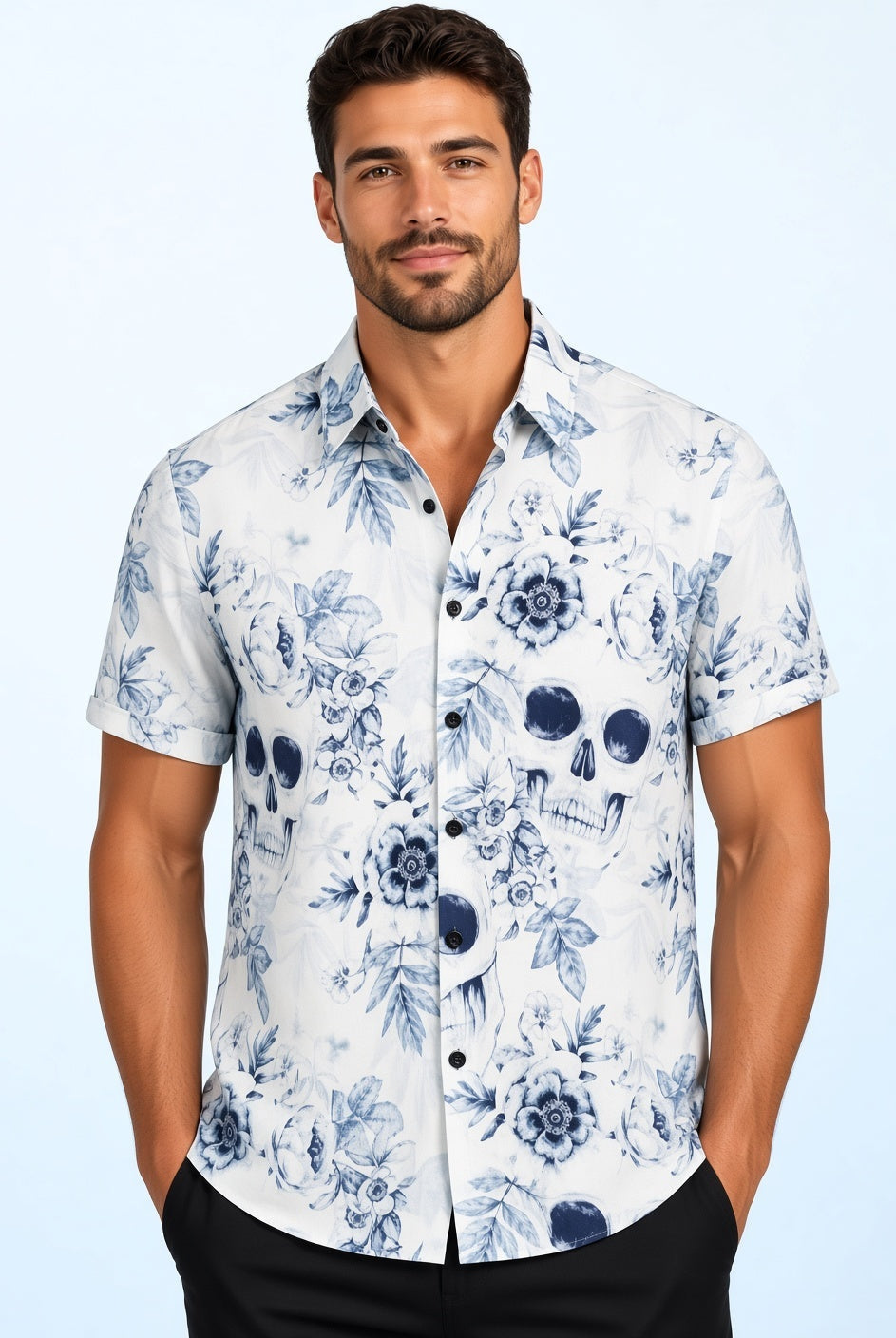 White shirt with blue floral and skull print, worn by man | Chaps London