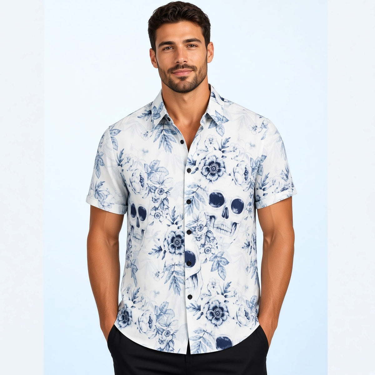 White shirt with blue floral and skull print, worn by man | Chaps London