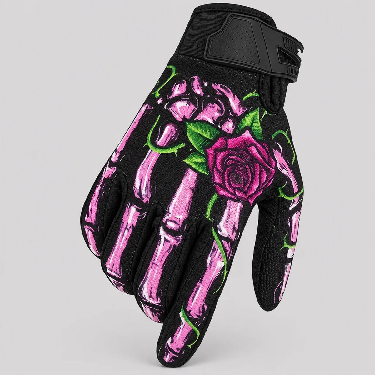 Black glove with pink skeleton hand and rose embroidery design | Chaps London