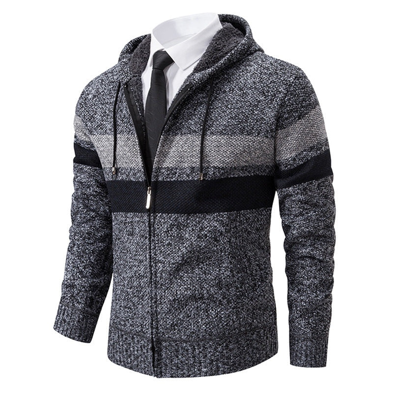 Gray striped knitted zip hoodie displayed on invisible mannequin, dress shirt visible underneath | Chaps London
