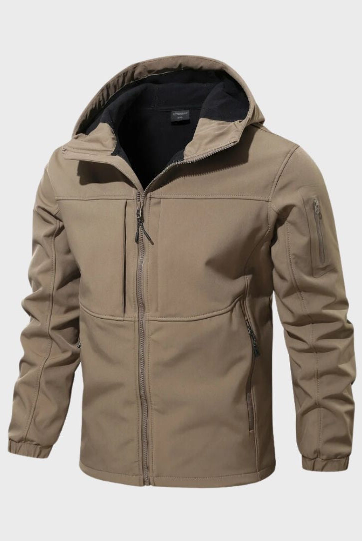 Khaki hooded softshell jacket with zip pockets, shown on invisible mannequin | Chaps London